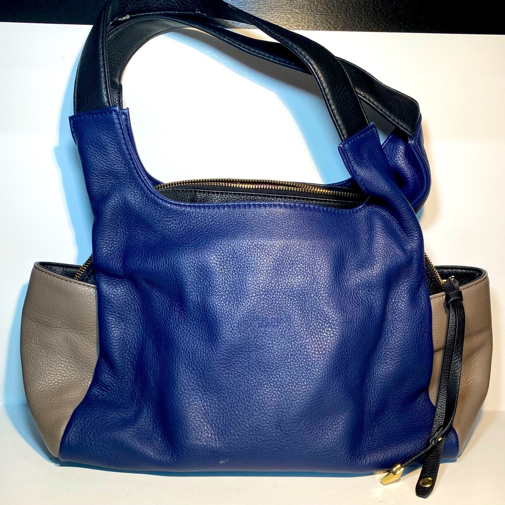 Perlina Jagger Leather Color Block Tote Blue Black Gray